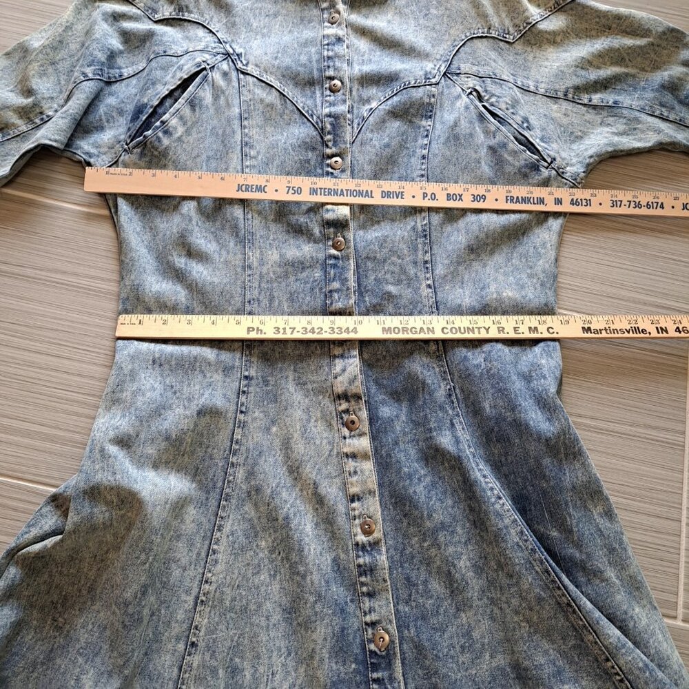 Vtg 80's Acid Stone Washed Women's Denim Maxi Dress Long Slv Button Med Western - Picture 9 of 12